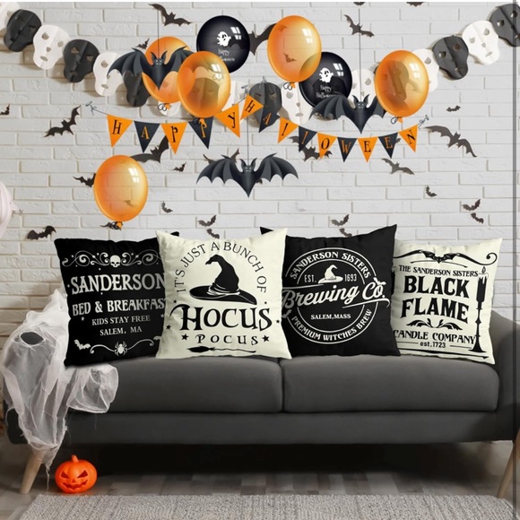 Hocus Pocus Pillow Covers Halloween Black White 18x18 4 Set Couch Sofa Decor SL5 - Picture 4 of 8